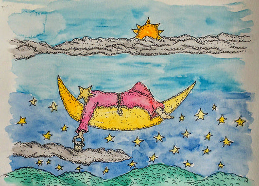 Lazy On the Moon a fantasy ink and watercolor painting featuring the Moon, SUn and Stars