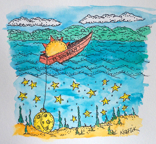 SS SUNBEAM an original fantasy watercolor with the Moon, Sun and Stars