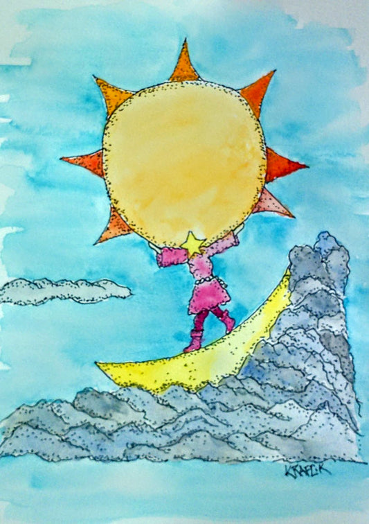 Surfing on the Moon a celestial fantasy ink and watercolor featuring the Moo, Sun and Stars