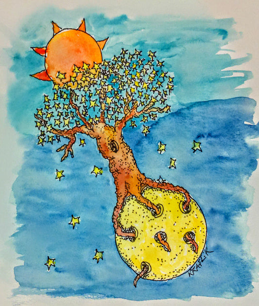 Tree of Stars a fantasy watercolor and ink painting featuring the Moon Sun and Stars