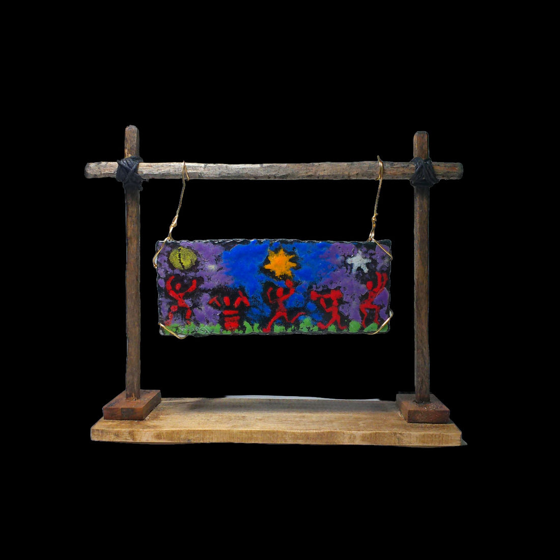 Celebration a hand painted fused glass handcrafted unique work of art with a hand crafted wooden stand for displaying.