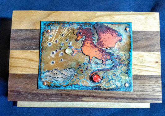 Orion and the Dragon a handcrafted hardwood box adorned with a hand cut copper dragon