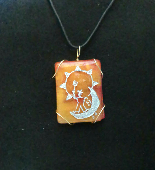 :How the Eclipse Came to Be a Handmade etched painted fused glass wire wrapped pendant jewelry.