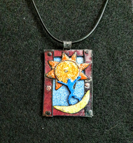 Moon Surfing a storytelling art to wear copper pendant necklace and jewwelry