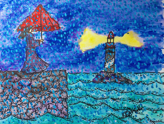 The Red Umbrella ; Original watercolor painting art fantasy landscape unique art.lighthouse with the sea