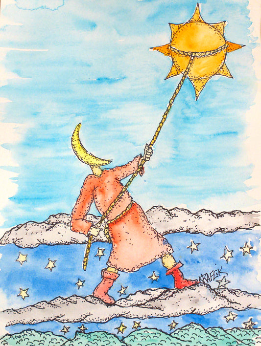 Star Catcher a fantasy ink and watercolor featuring the Moon sun and stars