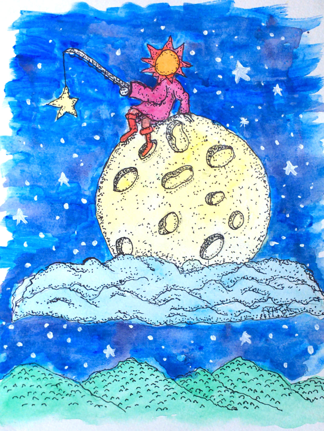 STAR FISHIN' an original watercolor a fantasy painting of the Moon Sun and Stars