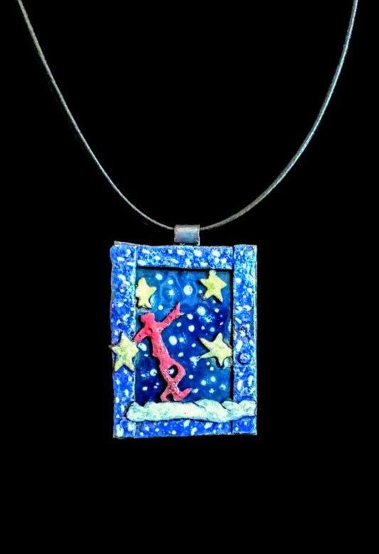 Throwing Stars a handmade and crafted copper and enamel pendant featuring the Moon Sun and Stars jewelry