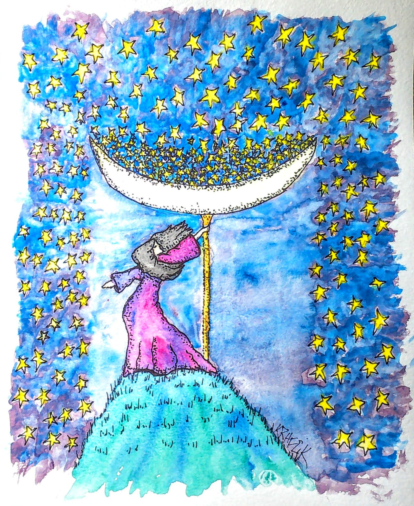 Catching Falling Stars a celestial watercolor fantasy with Sun Moon and Stars