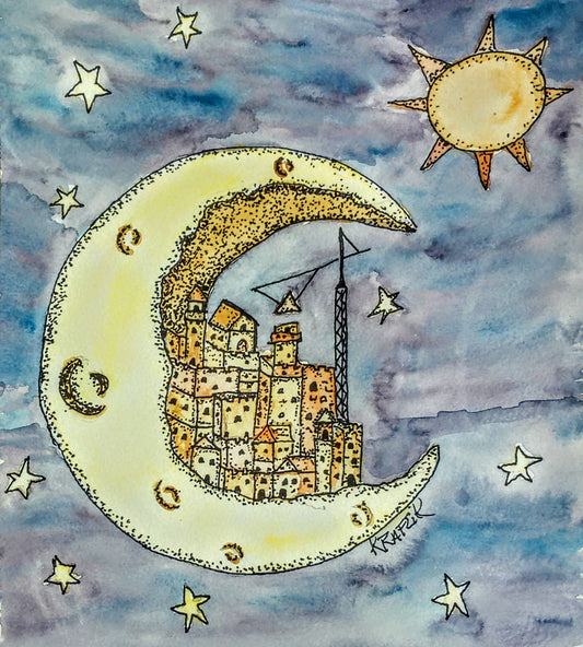 Lost City on the Moon watercolor painting of the Moon, Sun ,Stars in a fantasy setting unique art