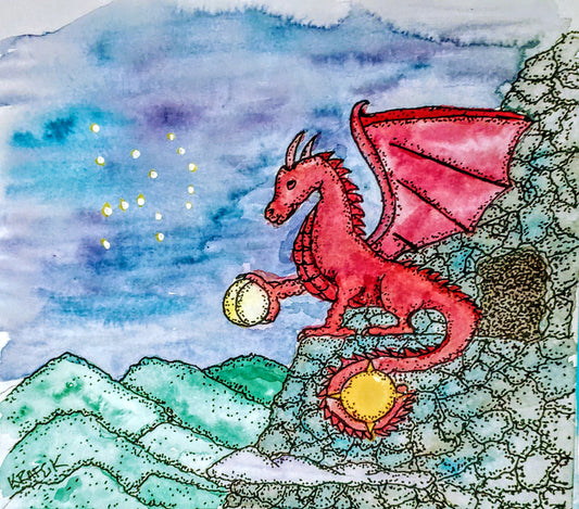 Orion and the Dragon; Original watercolor painting of art fantasy landscape unique art with the Moon, Sun, and Stars