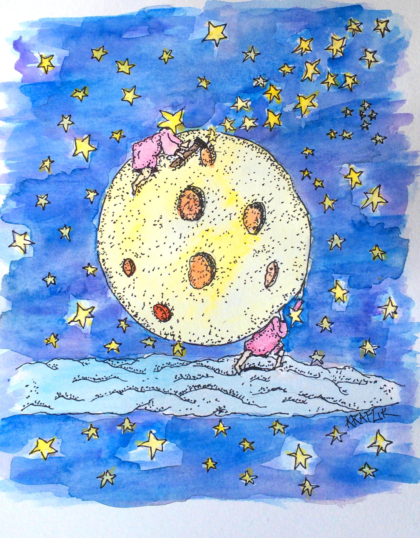 Star Miners fantasy Moon star watercolor