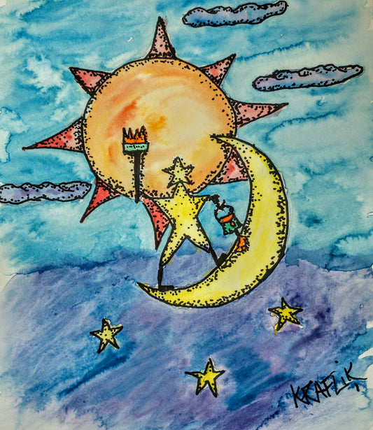 How the Eclipse Came to Be; Original watercolor painting art fantasy landscape unique art with Moon, Sun, and Stars