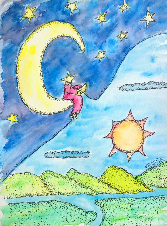 Under the Curtain of Night a fantasy watercolor with the Sun Moon and Stars free shipping