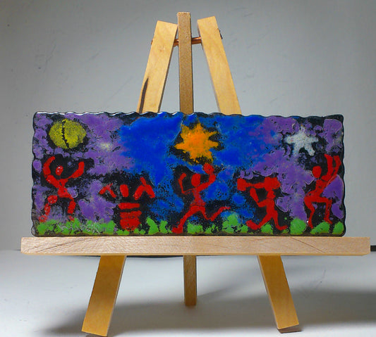 Celebration a fused glass art work that includes a handmade wooden easel