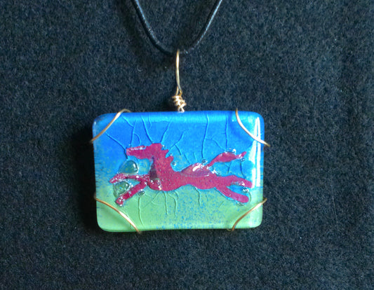 Handmade horse gift wire wrapped fused glass copper necklace horse jewelry unique hand-painted fused glass copper pendant horse gift