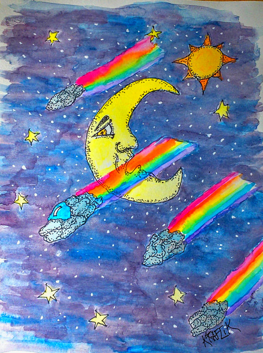 Cosmic Debris the Flight to Save Aven a fantasy in and watercolor featuring the Moon Sun and Stars