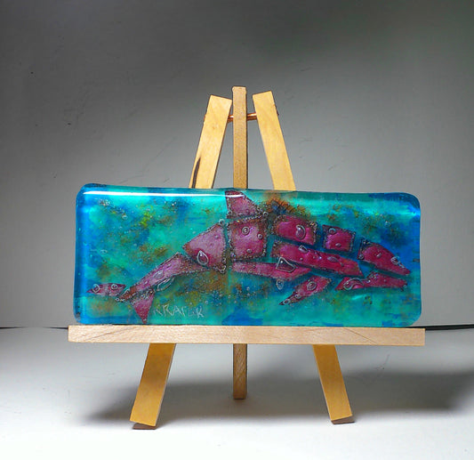 Dolphin, a handcrafted copper dolphin encased in fused glass art with handmade wooden easel and free shipping