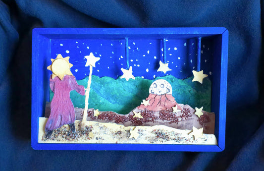 The Heavens Fall" diorama Moon Sun Stars lover unique fantasy celestial gift.measures 7.5" x 4.8" x 1.5"