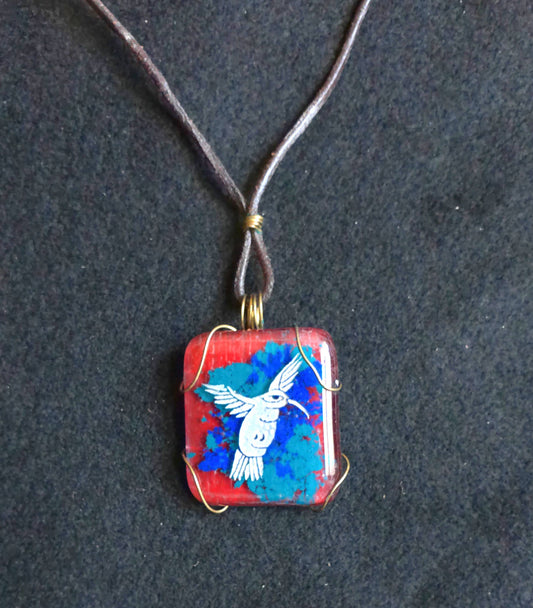 Henri the Hummingbird is a fused glass hand etched carved pendant necklace humminbird jewelry