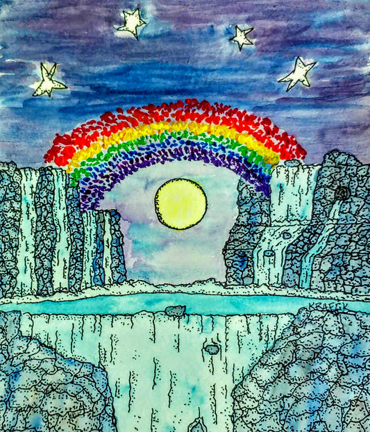 Moonbow a fantasy watercolor painting featuring the moon and a rainbow