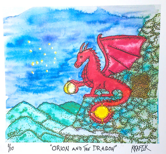 Orion and the Dragon, from original watercolor painting found in the book Enchanted Dreams printed on 8.5” x 11” 80 lbs cardstock paper. Print is 7.5” x 7.5”. Signed and numbered in only 10 will be printed..FREE SHIPPING