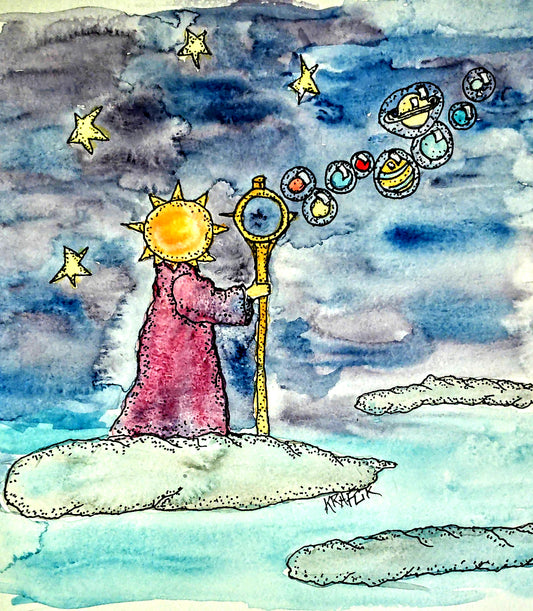 The Sun and the Solar System fantasy watercolor painting