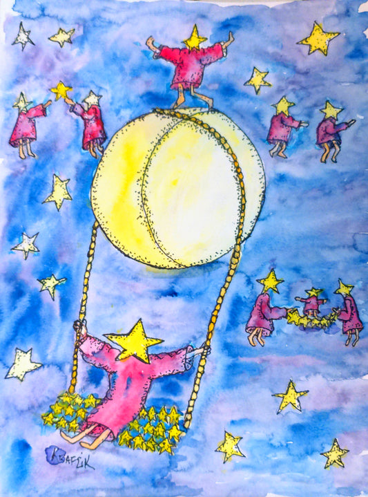 Stars just wanna have fun a fantasy watercolor featuring the moon and stars