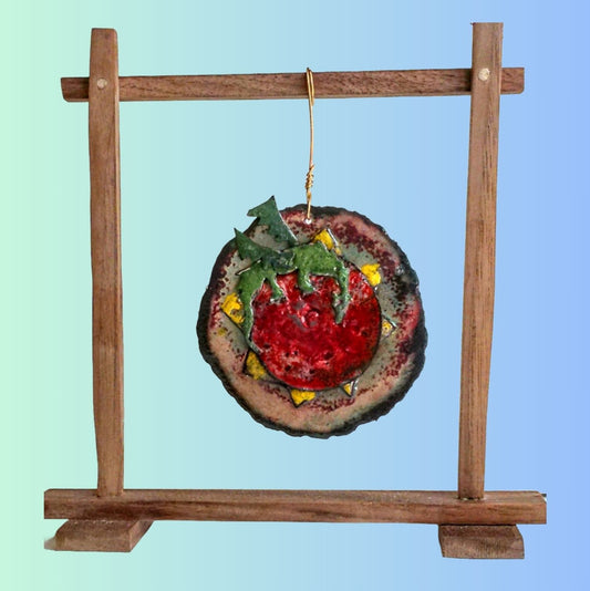 The Sun Dragon is a copper relief art piece with a handmade wooden stand for tabletop display and home decor.