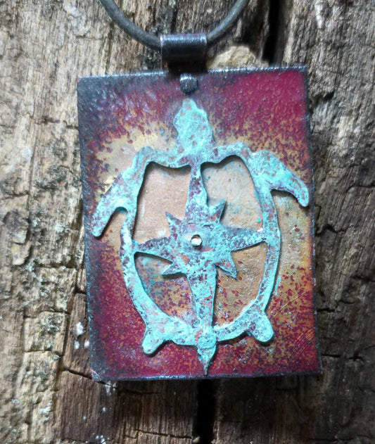 Sea Turtle Compass copper pendant for lovers of sea turtles and turtle jewelry turtle art ocean necklace