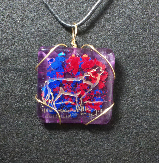 Howling wolf wire wrapped hand-etched carved fused glass pendant wolf jewelry. size 1.5" x 1.5 "