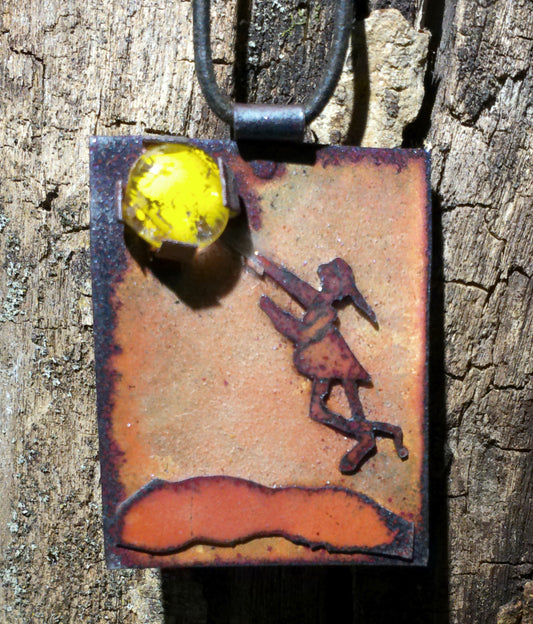 Carried Away.  Handmade enameled copper gift necklace jewelry unique enamel copper pendant gift with fused glass insert