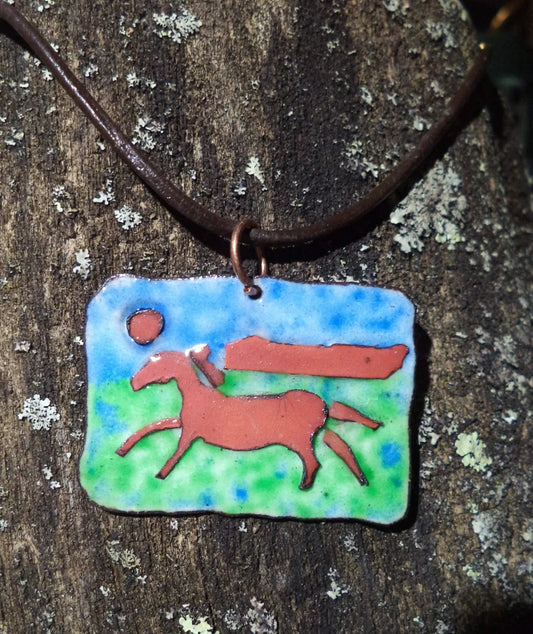 handmade horse copper pendant hand painted jewelry