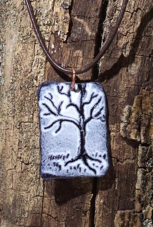 Lone tree in the snow handmade jewelry copper pendant hand painted