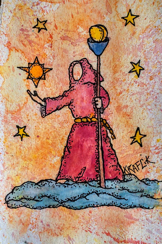 A unique fantasy Moon, sun, and stars fantasy pen and watercolor paintings, prints, handmade pendants, and amulets.