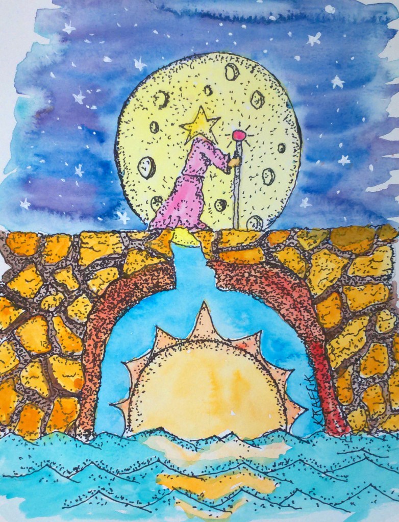 a fantasy watercolor and ink art/story featuring the Moon, Sun and Stars