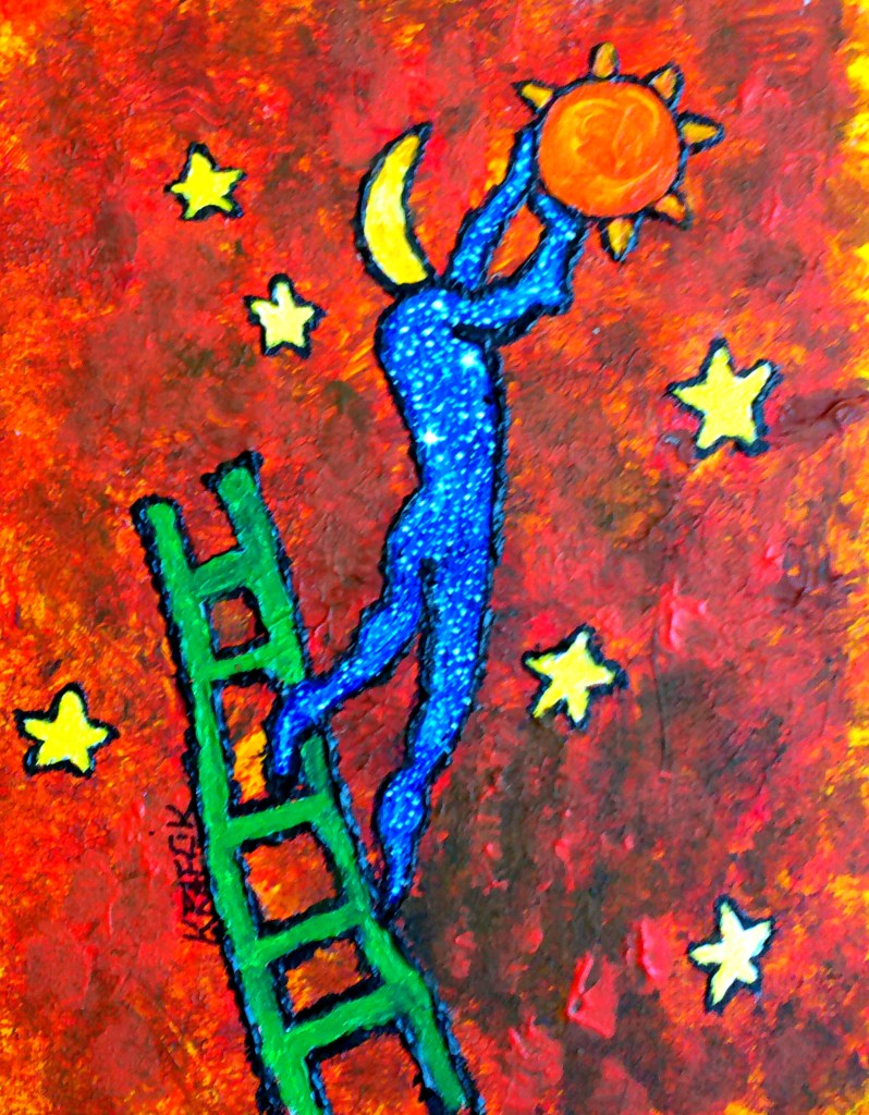 The artwork radiates an enchanting combination of whimsy and aspiration. The bold use of color creates an exuberant and dynamic visual experience, drawing the viewer into a dreamlike scene that suggests themes of ambition and wonder. The blue figure against the orange sun creates a sense of harmony and balance while maintaining visual interest. There is a sense of childlike curiosity and joy, making it accessible and engaging to viewers of all ages. The positioning of the figure on the ladder suggests movement and the pursuit of dreams, evoking an inspirational sentiment that resonates with anyone striving to achieve their goals. OVerall,the artwork is a delightful celebration of aspiration that pushes creative boundaries and possesses the power to inspire and uplift.