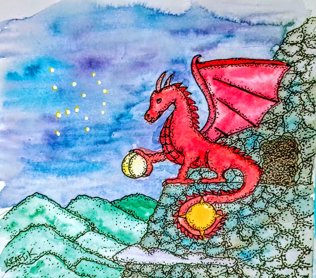 the art/story of how Orion became a constellation and the Dragon that sent him there to live in the sky. From the book 'Enchanted Dreams"
