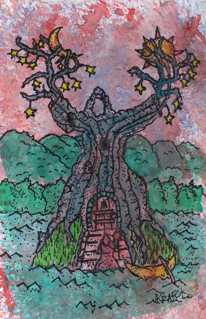 The Tree of Knowledge a ink and watercolor of a fantasy world filled with magical fairy tale mystical illustrations