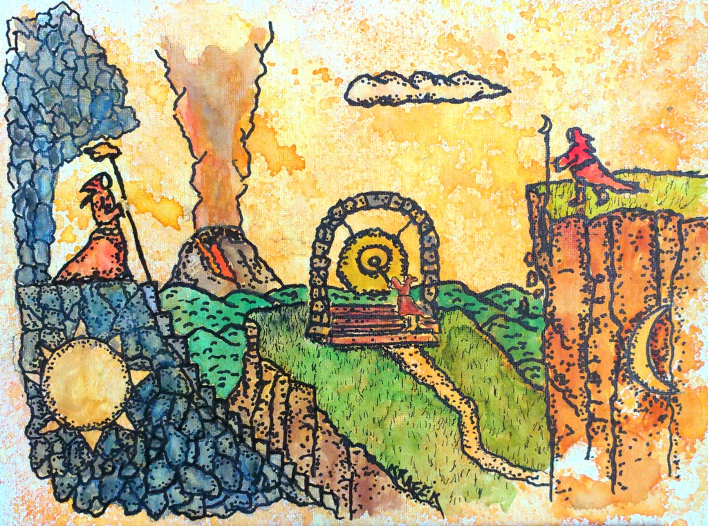 This artwork presents a vibrant and imaginative landscape rendered with a combination of bold lines and watercolor textures. The scene is composed of three distinct elevated landforms, each rendered with its particular texture. The stylistic choice to use dotted outlines and a somewhat whimsical yet deliberate composition gives the piece a narrative quality, as if illustrating a myth or an allegory. The composition excels in narrative potential and symbolism; nurturing this strength with focused visual refinement will elevate the emotional resonance of the art., and the piece radiates creative energy and thoughtful imagination.