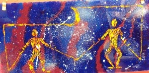 Dancing in the Moon Light ;Reverse Glass Painting featuring people with different abilities in and abstract/expression mode of art