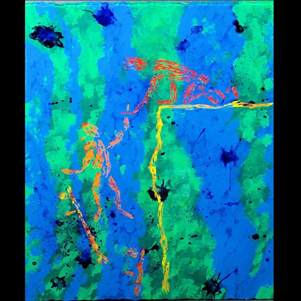 Helping Hand ; Reverse Glass Painting featuring people with different abilities in and abstract/expression mode of art